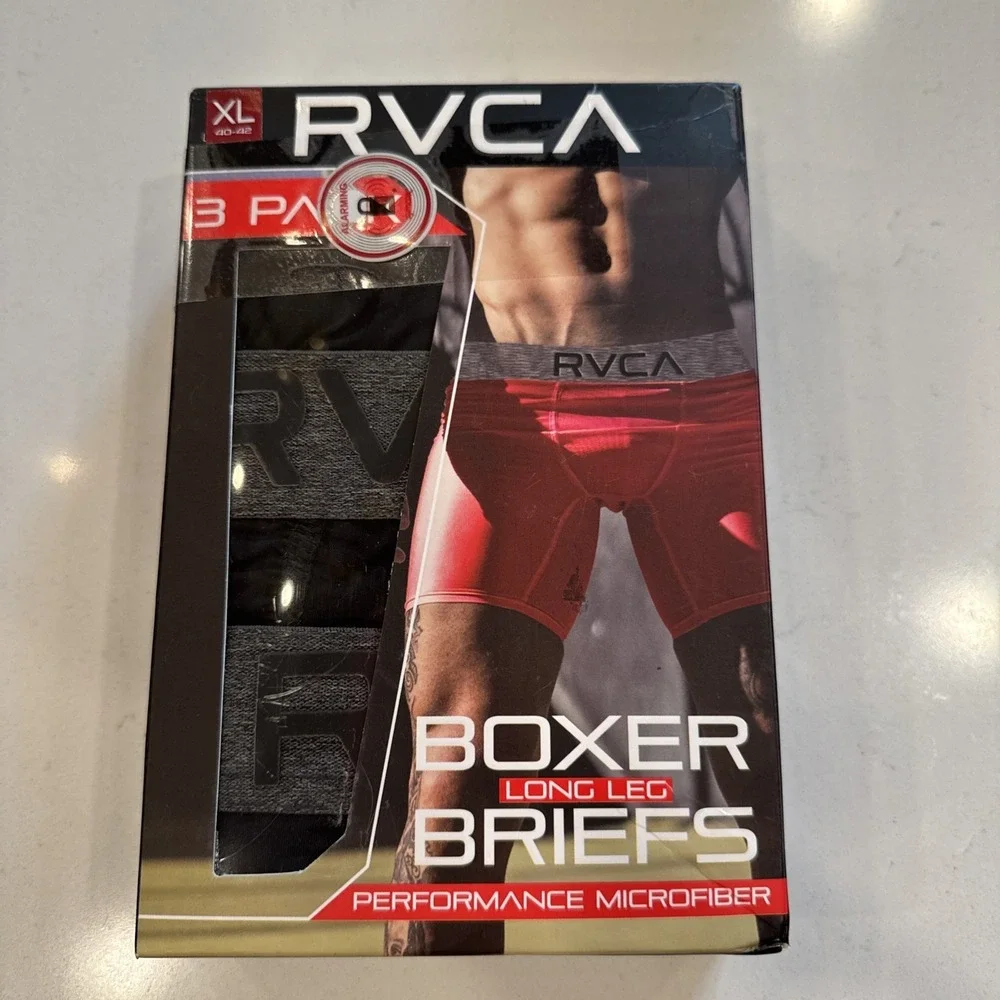 RVCA Mens 3 Pack X-Large Long Leg Performance Boxer Briefs - Black